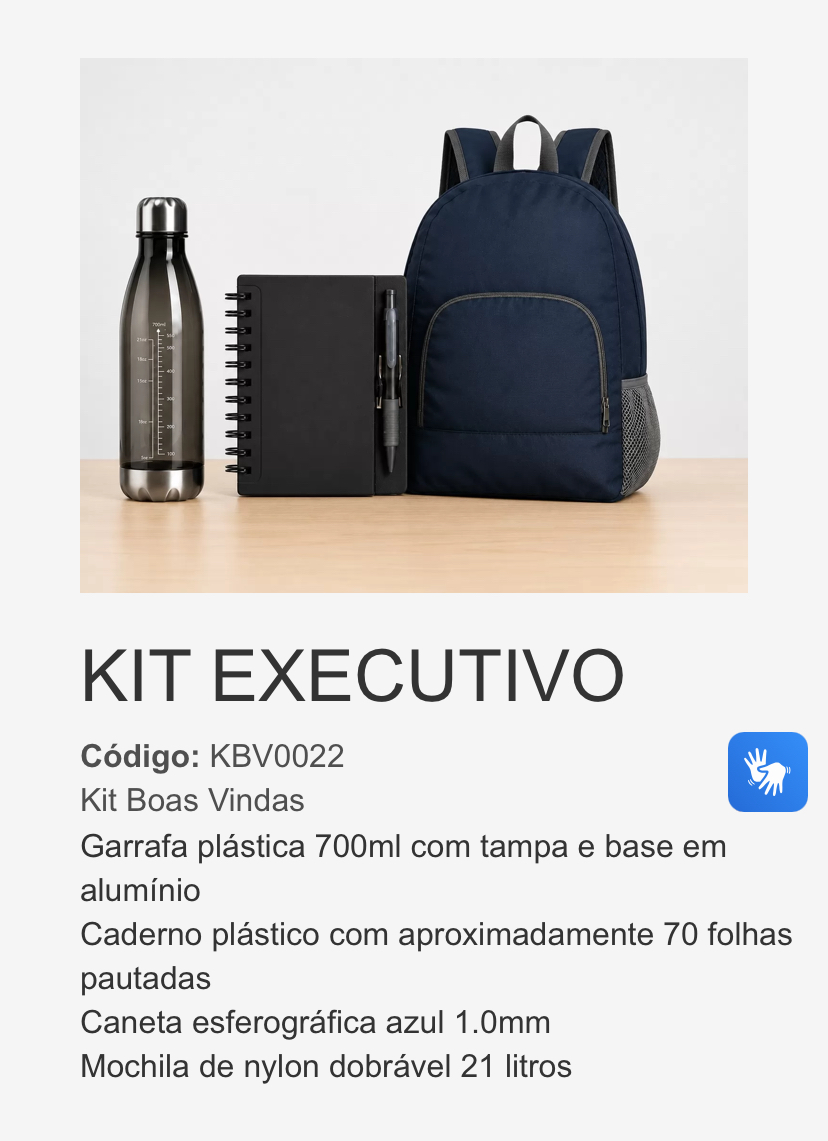 Mochila azul, garrafa, caderno e caneta do Kit Executivo